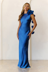 Petal Perfect Satin Maxi Dress Blue