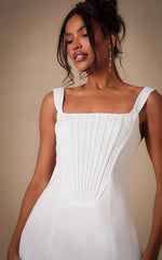 Premium White Woven Square Neck Lace Back Corset Dress