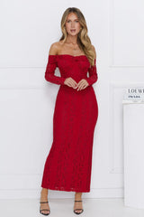 Pure Happiness Off Shoulder Lace Maxi Dress Burgundy