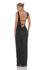 Sequin High Neck Open Back Maxi Dress in Black